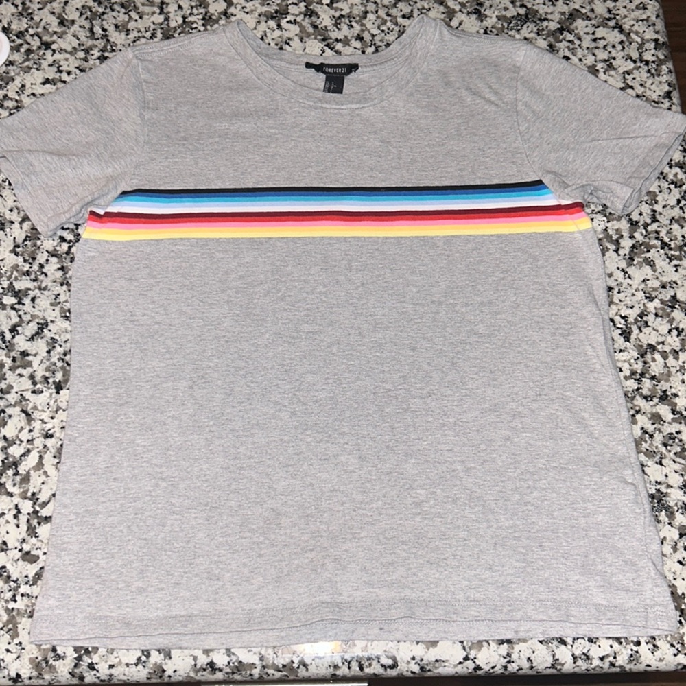 Forever 21 Womens size large grey T-shirt with rainbow stripe